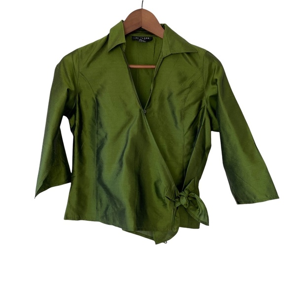 SilkLand Womens Green Shirt Size 4P Petite 3/4 Sleeve 100%Silk Blouse Tie/button - Picture 4 of 16